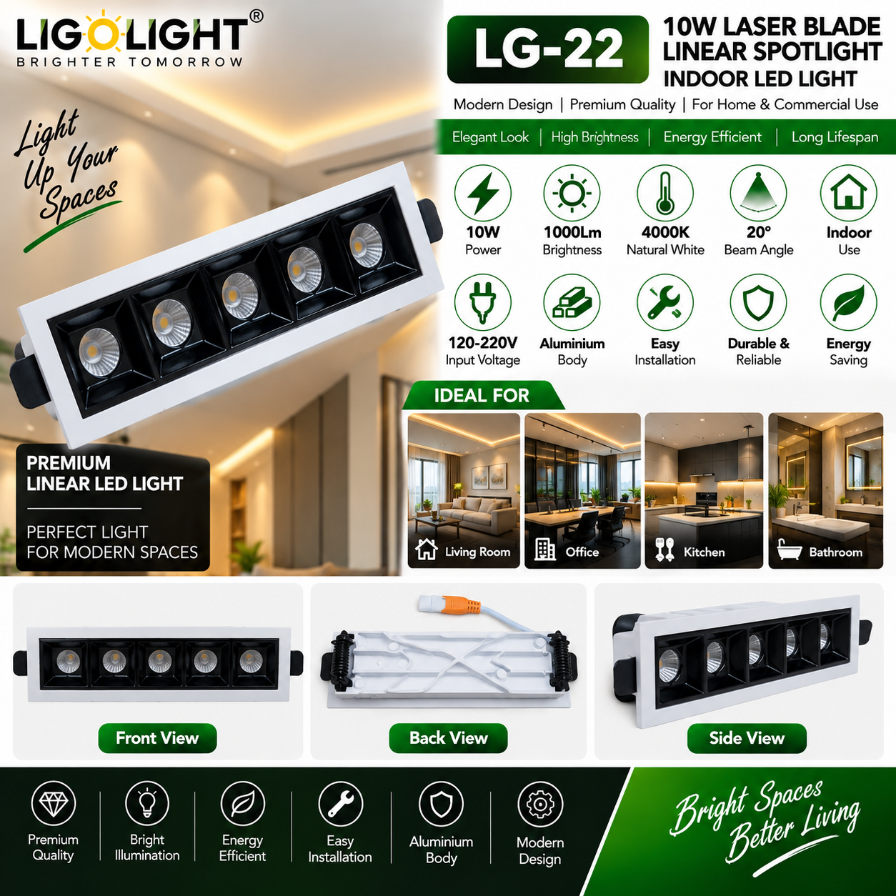 10W COB Linear LED Spotlight – Natural White 4000K, 1000 Lumens, 20° Beam Angle