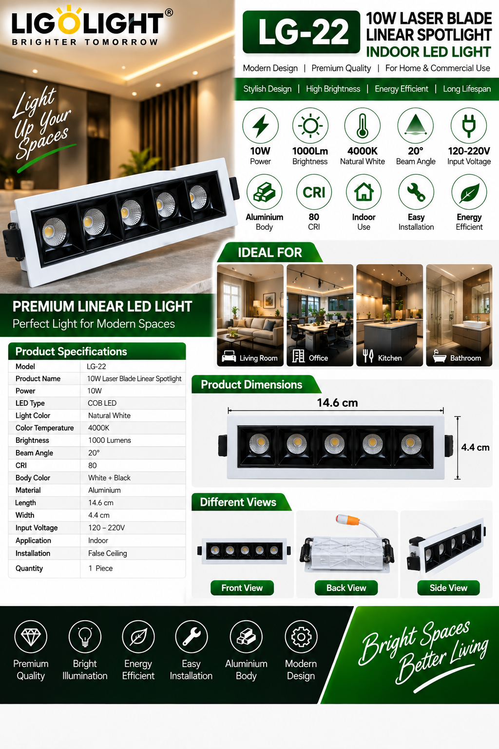 LG-22 10W COB Linear LED Spotlight – Natural White 4000K, 1000 Lumens, 20° Beam Angle - Image 2