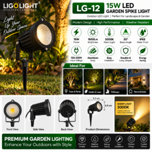 15 Watt LED Garden Spike Light – Black 3000K Warm Light IP65 Waterproof 30° Beam