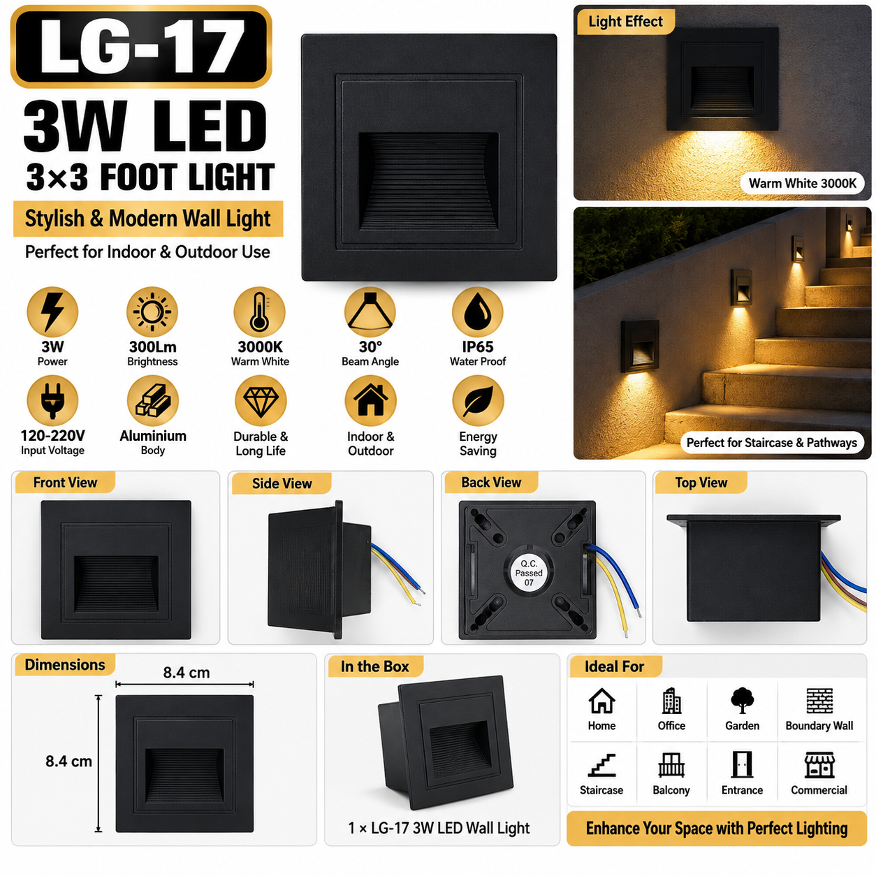 3 Watt 3×3 Foot LED Wall Light IP65 Waterproof COB Black Body 3000K Warm Light