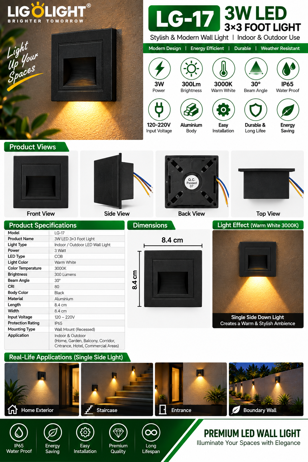 LG-17 3 Watt 3×3 Foot LED Wall Light | IP65 Waterproof COB Black Body | 3000K Warm Light - Image 2