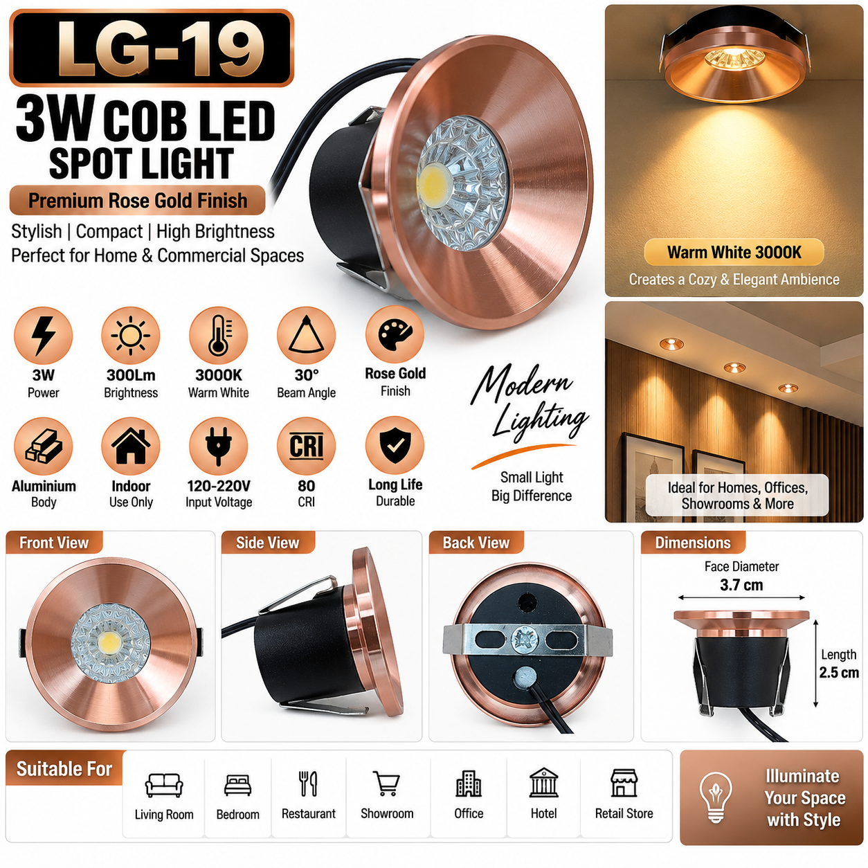 3 Watt Rose Gold COB LED Spot Light 30° Beam Angle Warm White 3000K Aluminium Indoor Ceiling Light