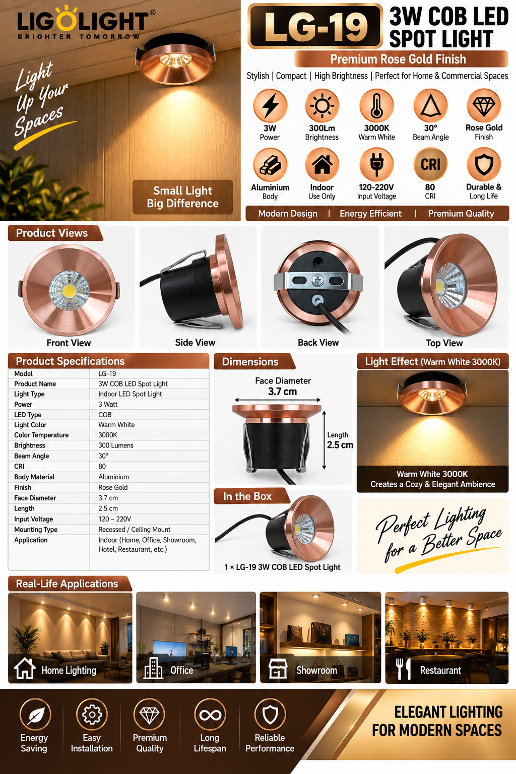 LG-19 3 Watt Rose Gold COB LED Spot Light | 30° Beam Angle | Warm White 3000K | Aluminium Indoor Ceiling Light - Image 2