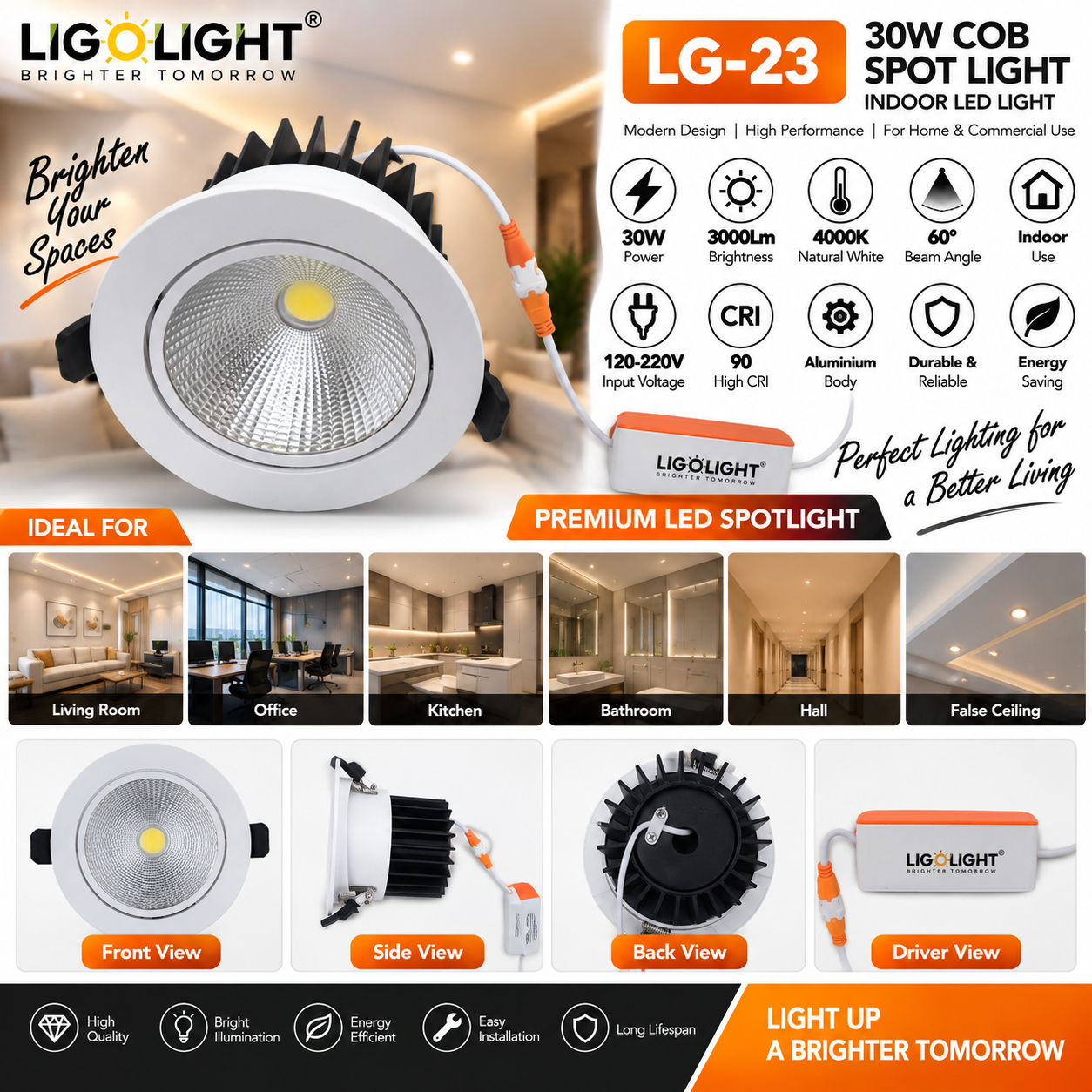 30W COB LED Spotlight – Natural White 4000K, 3000 Lumens, 60° Beam Angle, White Aluminium Body