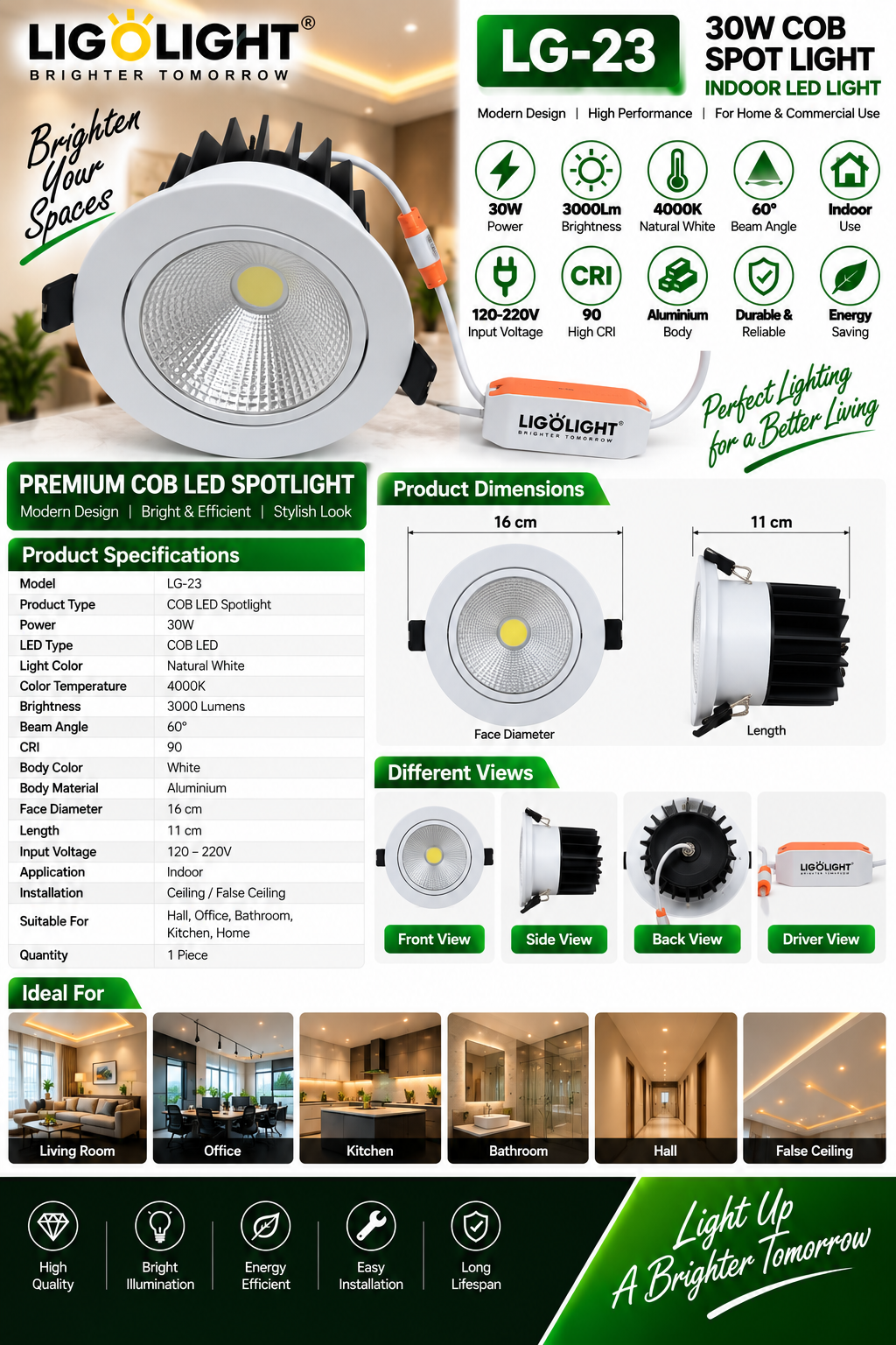 LG-23 30W COB LED Spotlight – Natural White 4000K, 3000 Lumens, 60° Beam Angle, White Aluminium Body - Image 2