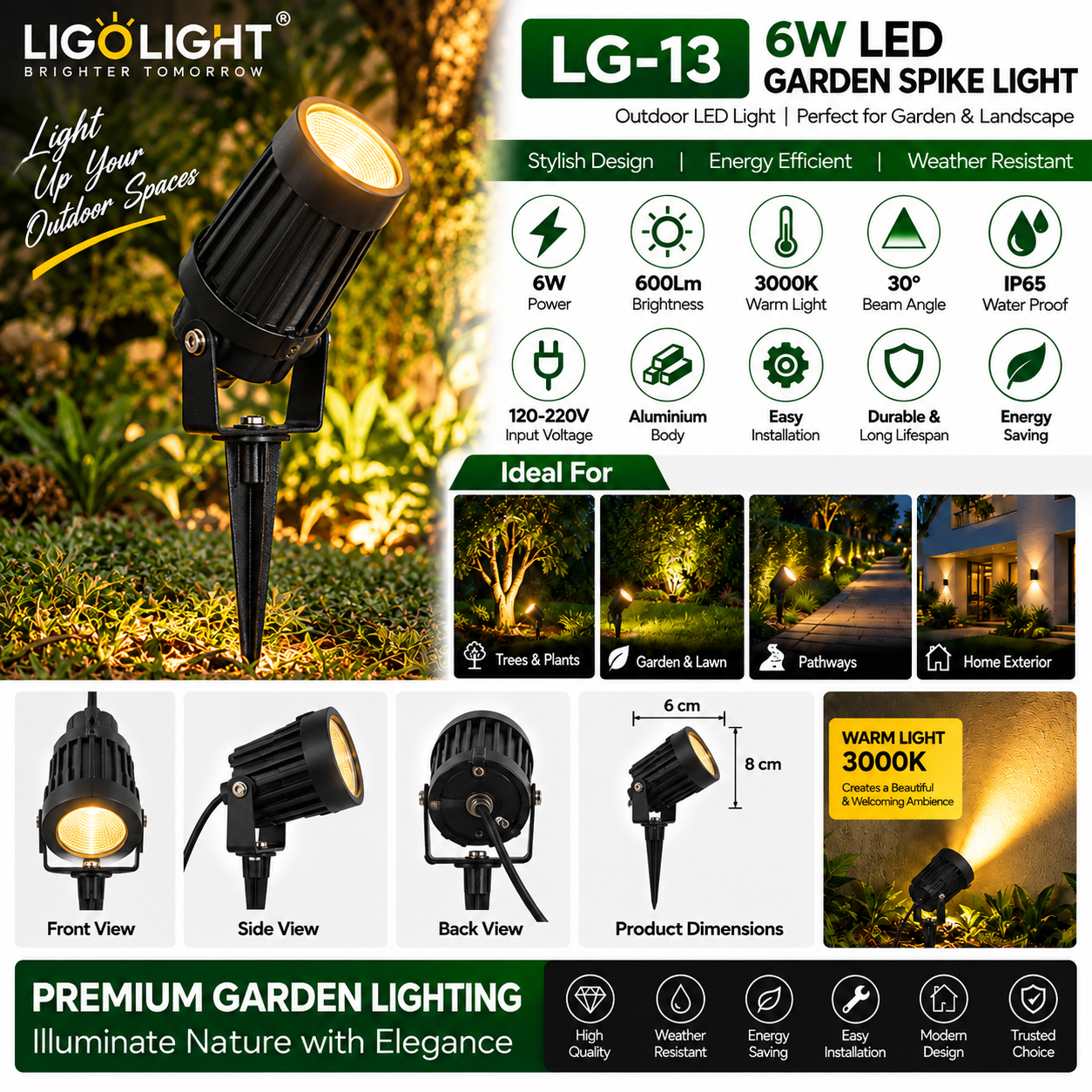 6 Watt LED Garden Spike Light – Black Warm White 3000K IP65