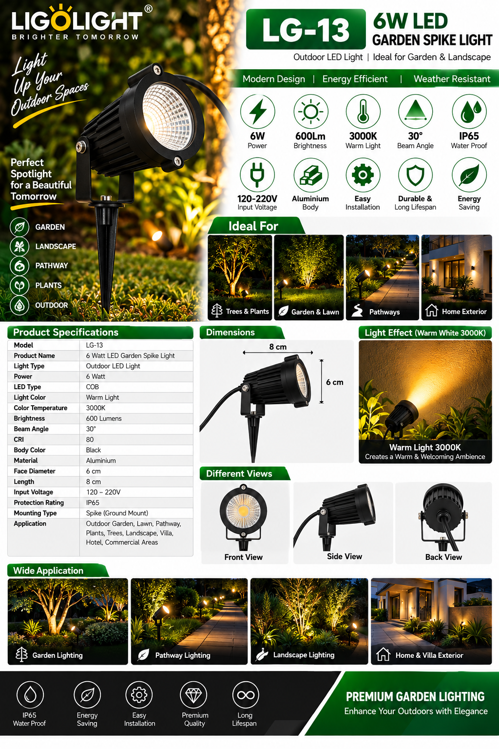 LG-13 6 Watt LED Garden Spike Light – Black | Warm White 3000K | IP65 - Image 2