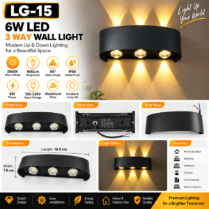 6W 6-Way LED Wall Light Up & Down Multi-Beam IP65 Waterproof Black Aluminium 3000K Warm White