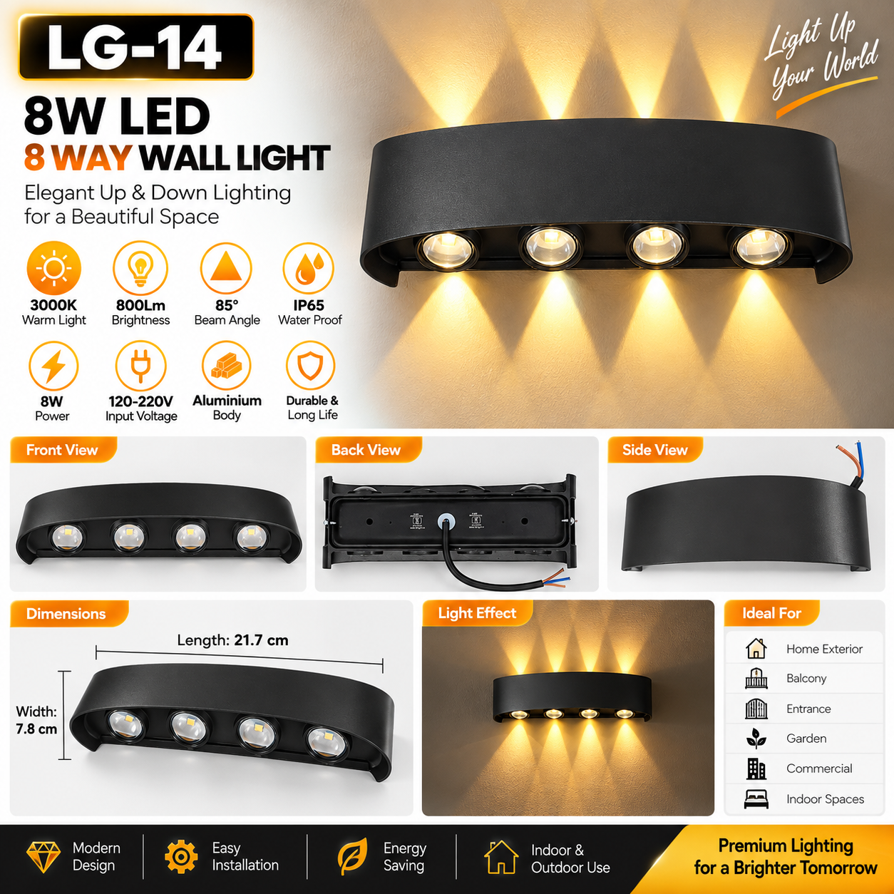 8 Watt 8 Way Wall Light Up & Down Multi-Beam COB LED IP65 Waterproof Black Aluminium 3000K Warm White