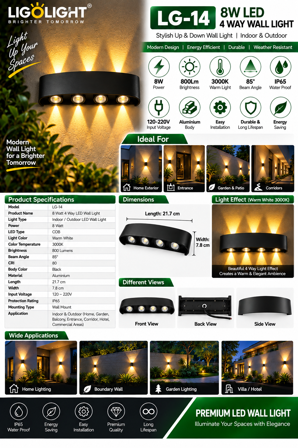 LG-14 8 Watt 8 Way Wall Light | Up & Down Multi-Beam COB LED | IP65 Waterproof | Black Aluminium | 3000K Warm White - Image 2