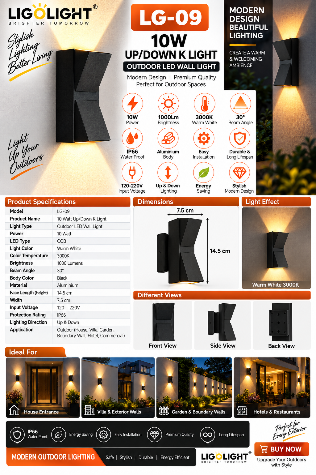 LG-09 10W Up Down K Light | Warm White Outdoor LED Wall Light | IP66 - Image 2